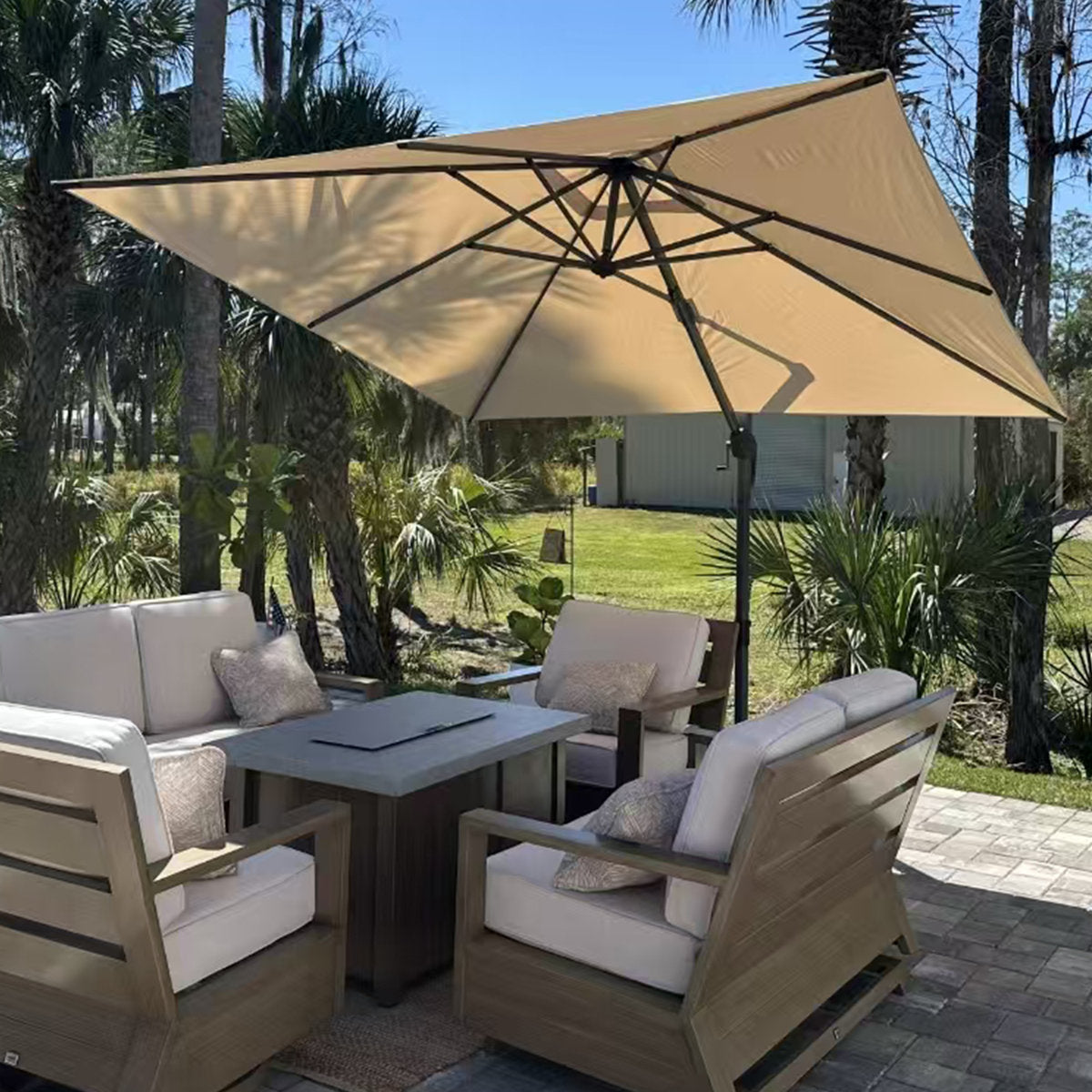 8' Square Medium Cantilever Beige Umbrella Aluminum Offset with Base and 360-degree Rotation